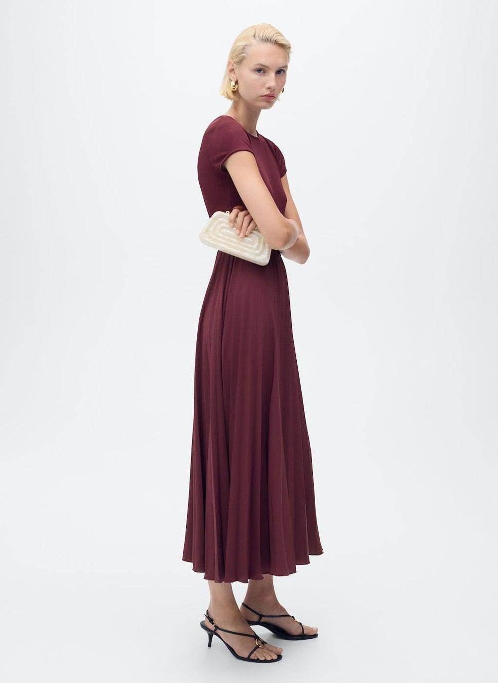 Combined Pleated Midi Dress with A-Line Silhouette - Image 1