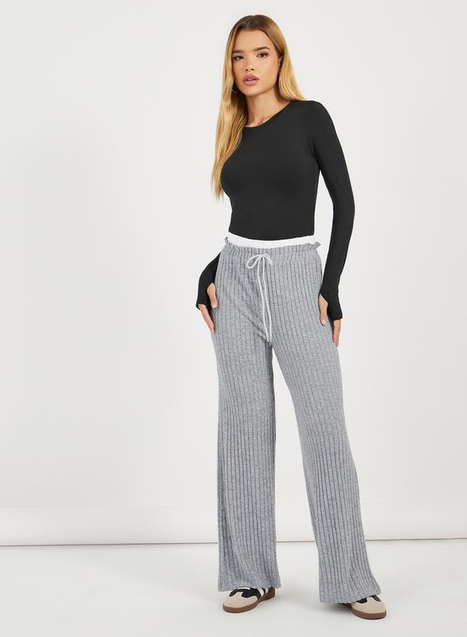 Styli High Rise Ribbed Knit Wide Leg Drawstring Pants - Image 1