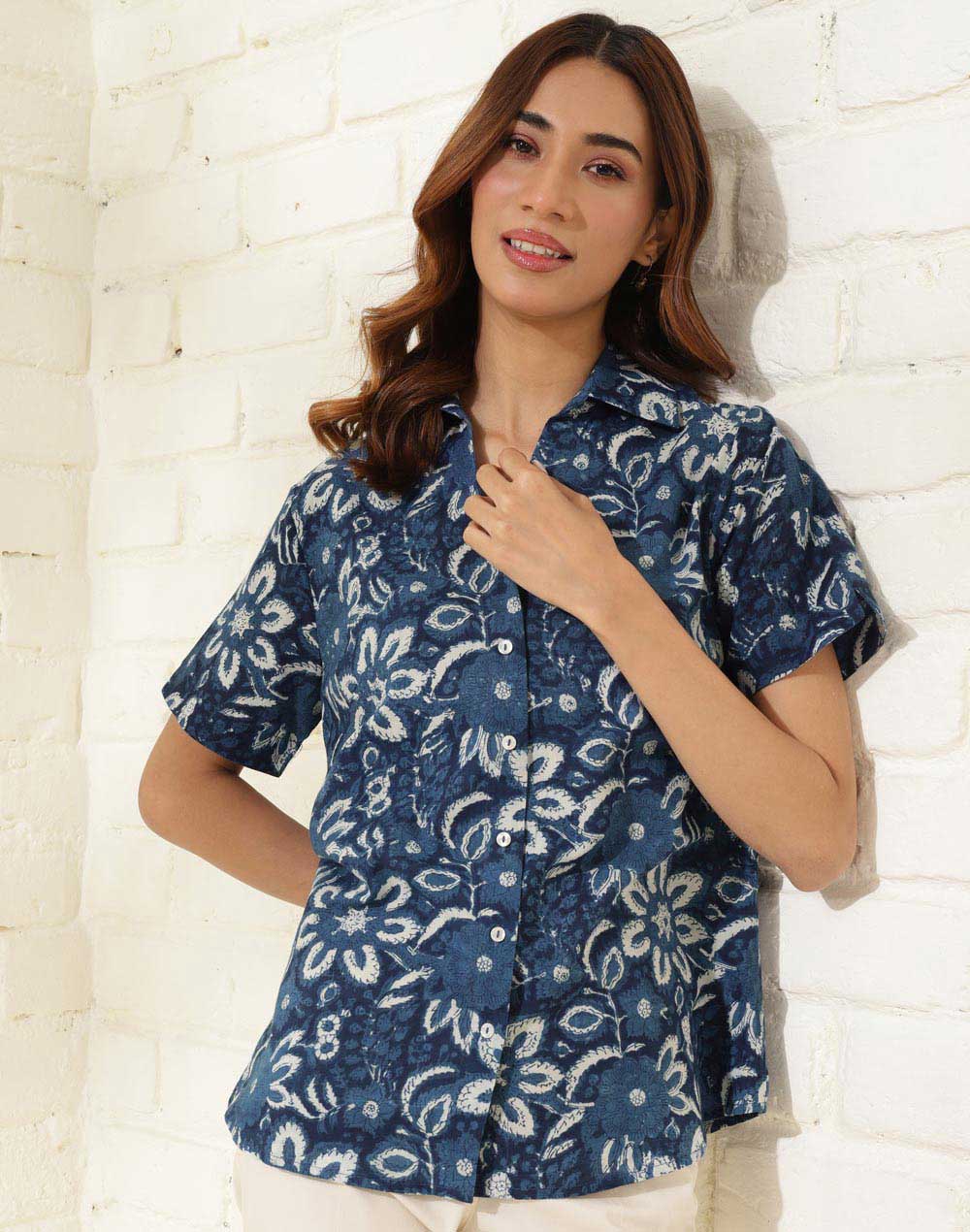 Indigo Cotton Printed Shirt - Image 1