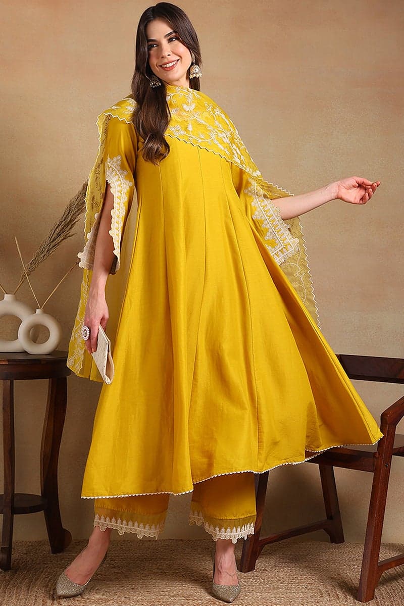 Yellow Silk Blend Embroidered Flared Anarkali Suit Set - Image 1