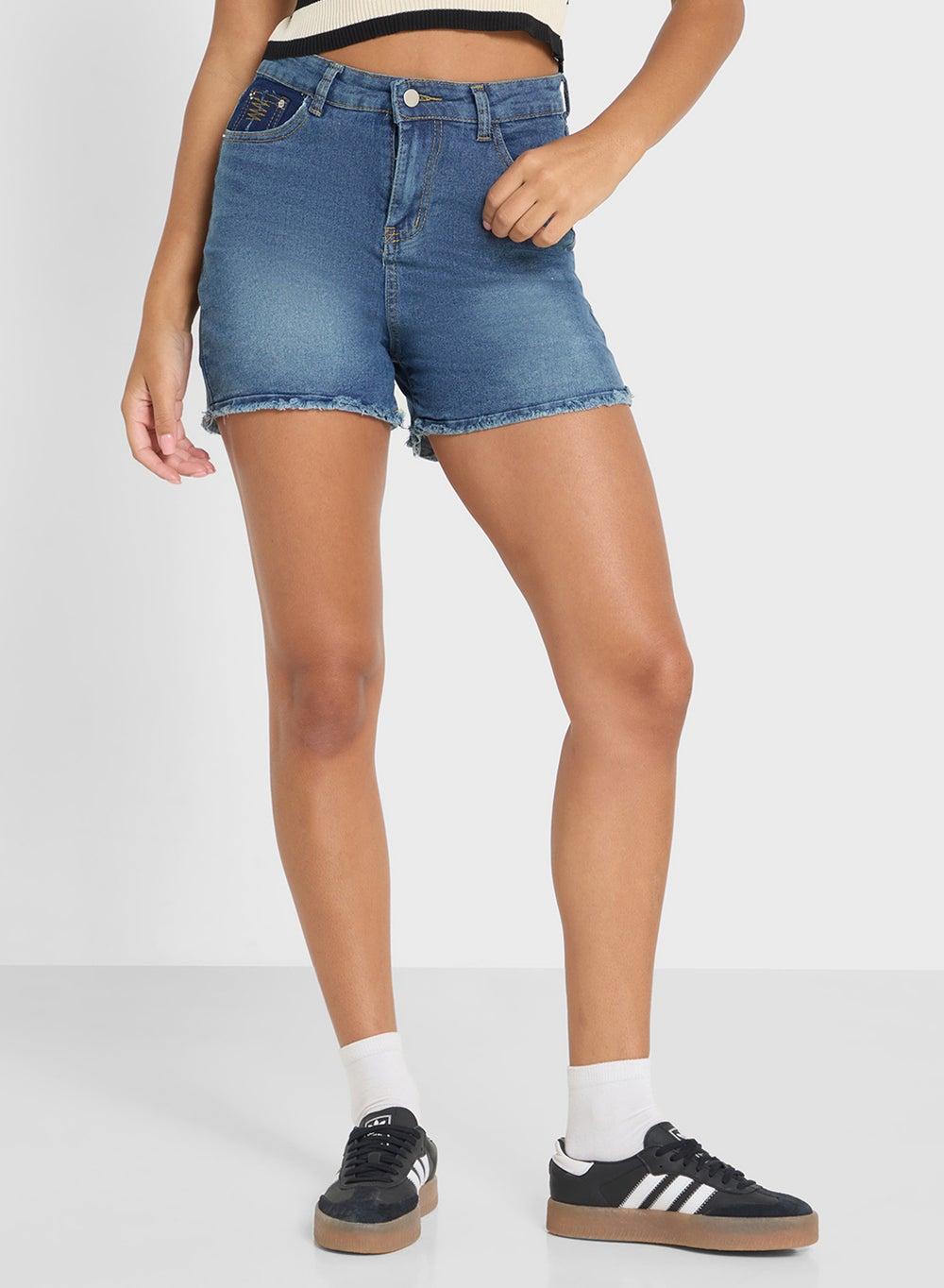 Wide Leg Denim Shorts With Frayed Hem - Image 1