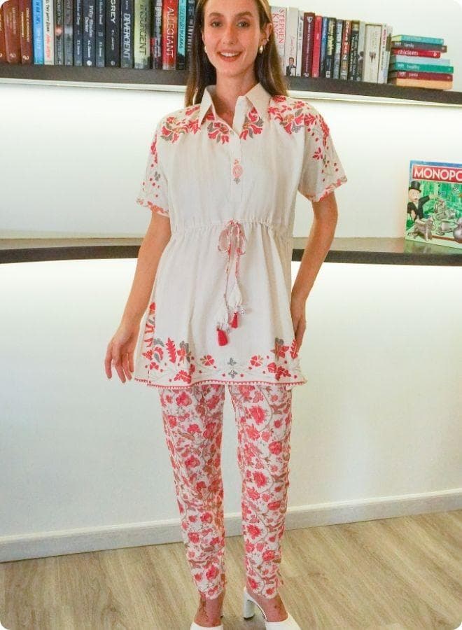 White Floral Co-ord Set with Drawstring Top and Slit Pants - Image 1