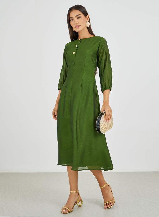 Olive Green A-Line Midi Dress with Gold Buttons - Image 1