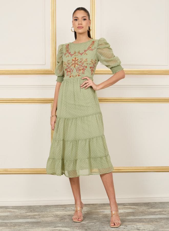 Styli Dobby Embroidered Tiered Midi Dress - Image 1