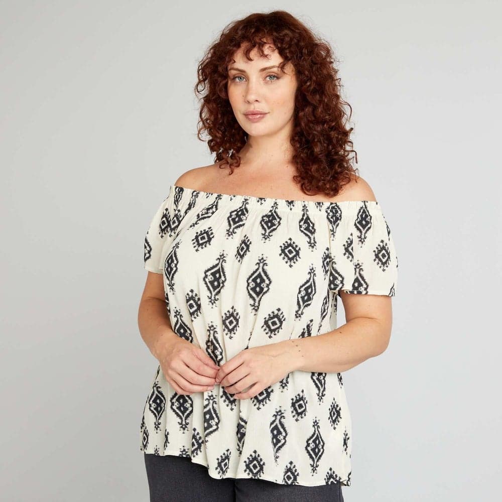 Beige Fancy Blouse with Bardot Neckline - Image 1
