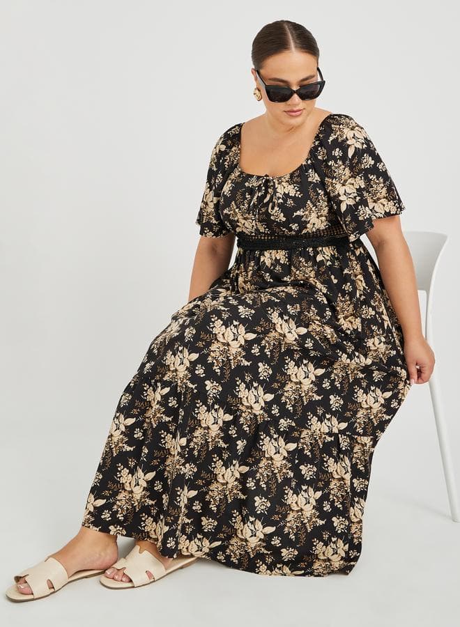 Floral Print Maxi Dress with Lace Waist Trim - Image 1