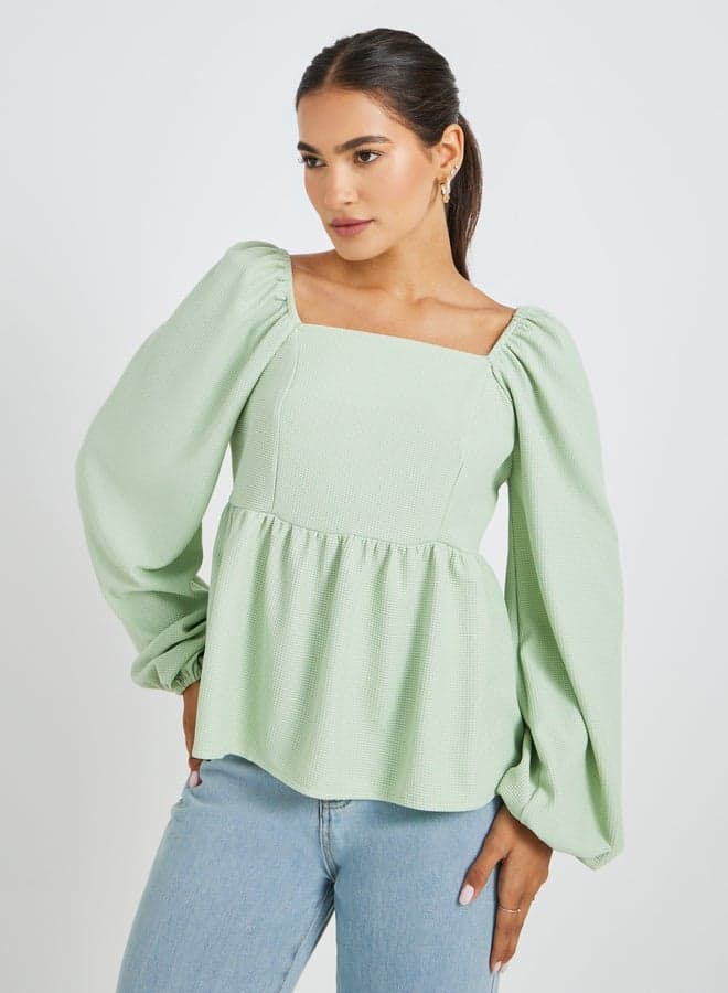 Textured Balloon Sleeve Square Neck Blouse - Image 1
