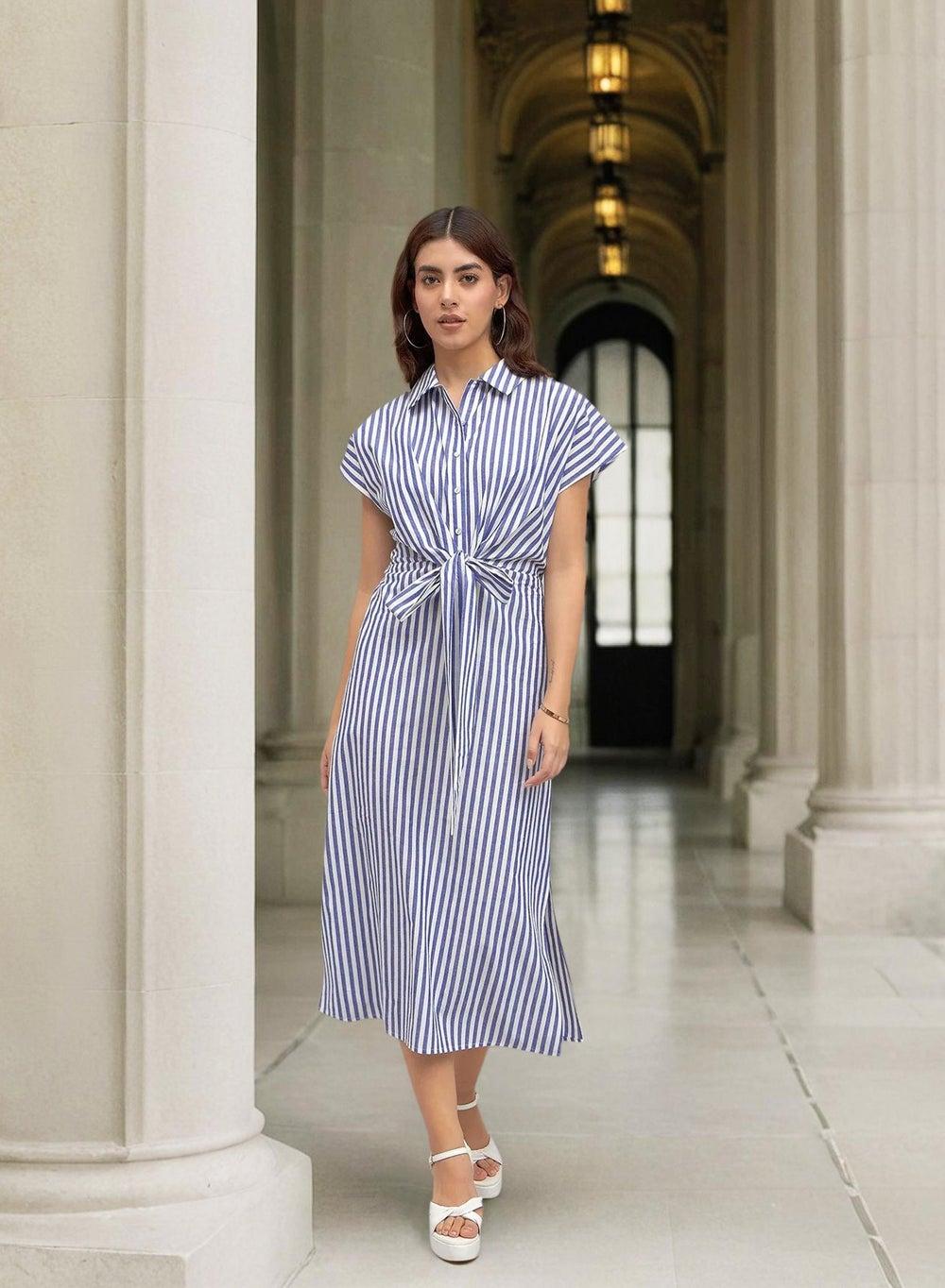Blue Cotton Midi Dress for Women, Regular Fit - Image 1