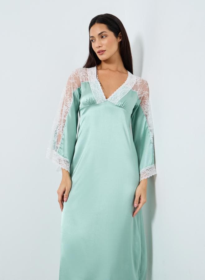 Take Two Contrast Lace Insert V Neck Satin Nightdress - Image 1