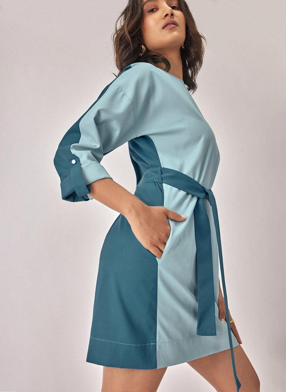 Teal Colourblock Mini Dress for Weekend Plans - Image 1