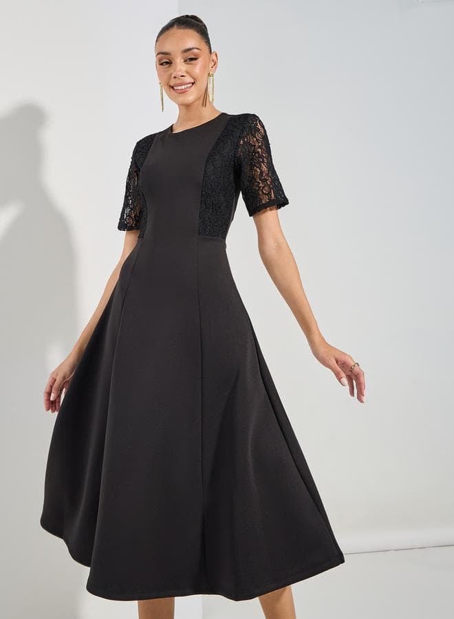 Styli Lace Insert Flared Midi Dress - Image 1