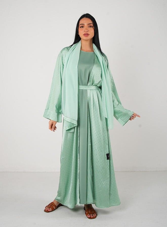 Mint Green Satin Bling Open Abaya 3-Piece Set - Image 1