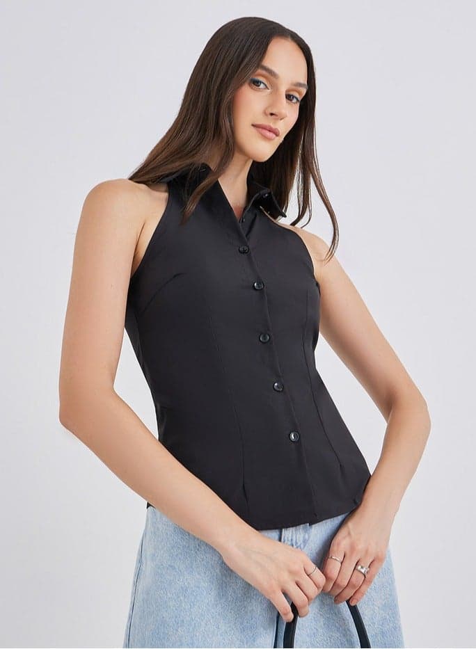 Styli Black Sleeveless Fitted Shirt for Women - Image 1