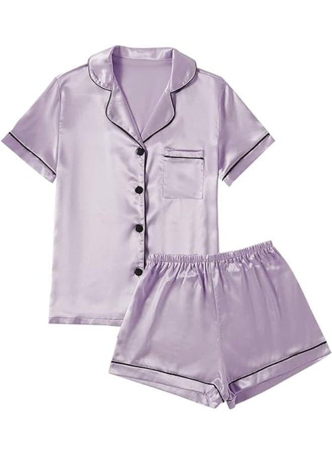 Women’s Satin Pajama Set with Short Sleeve Top and Shorts - Image 1