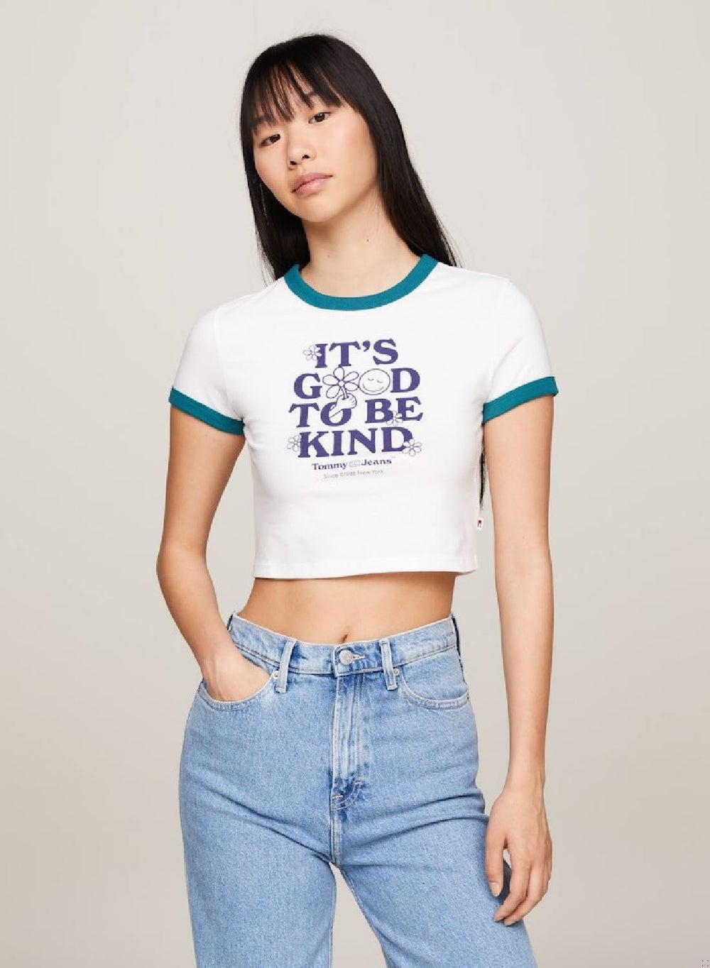 Slim Fit Cropped Slogan Cotton T-Shirt - Image 1