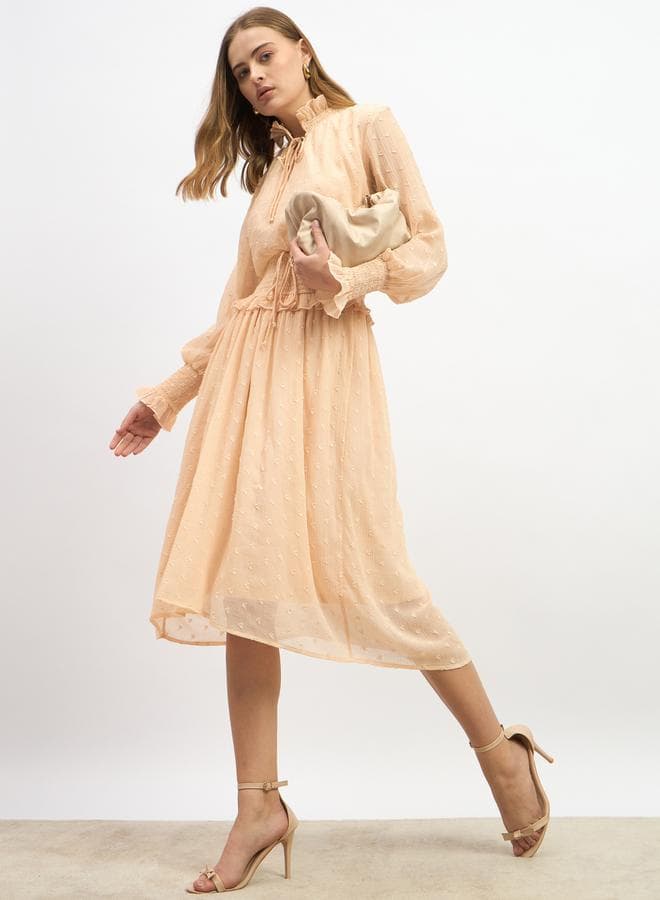 Textured Peach Midi Dress with Ruffled Neckline - Image 1