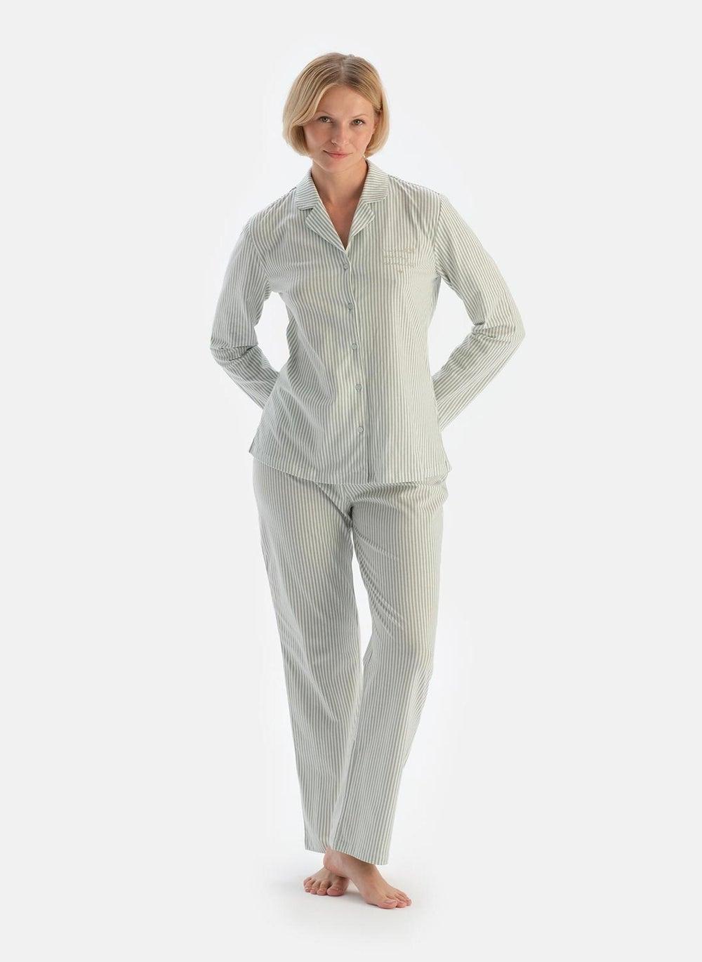 Blue Striped Cotton Pajama Set with Spread Collar - Image 1