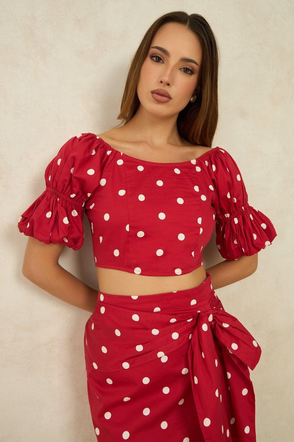 VIRGIO Red Polka Puff Sleeve Cotton Crop Top - Image 1