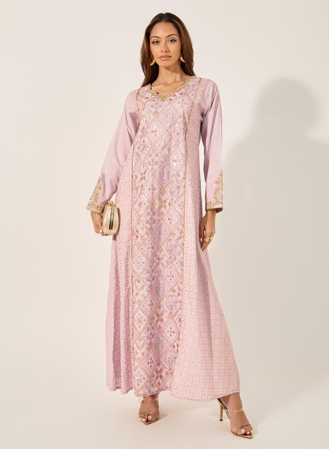 Embroidered Panel Lace Detail A-Line Jalabyia - Image 1