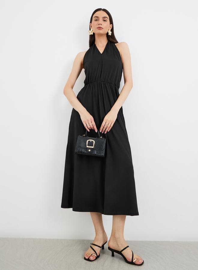 Take Two Solid Halter Neck Sleeveless Midi Dress - Image 1