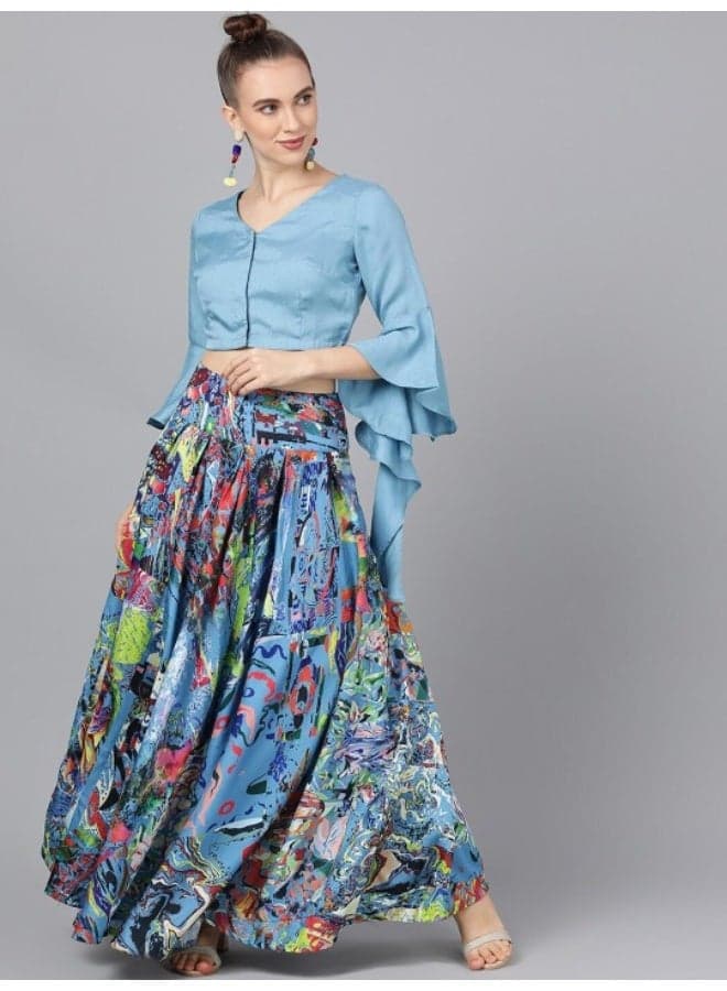 Blue Digital Print Lehenga Set with Flared Sleeve Blouse - Image 1
