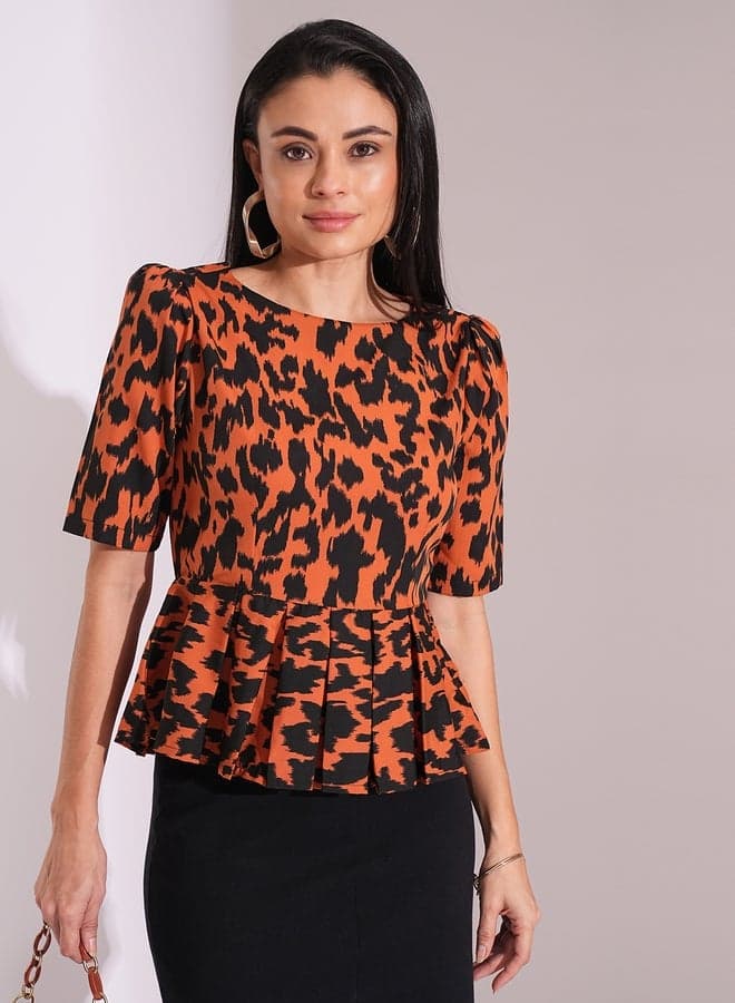 Animal Print Puff Sleeve Pleated Peplum Blouse - Image 1