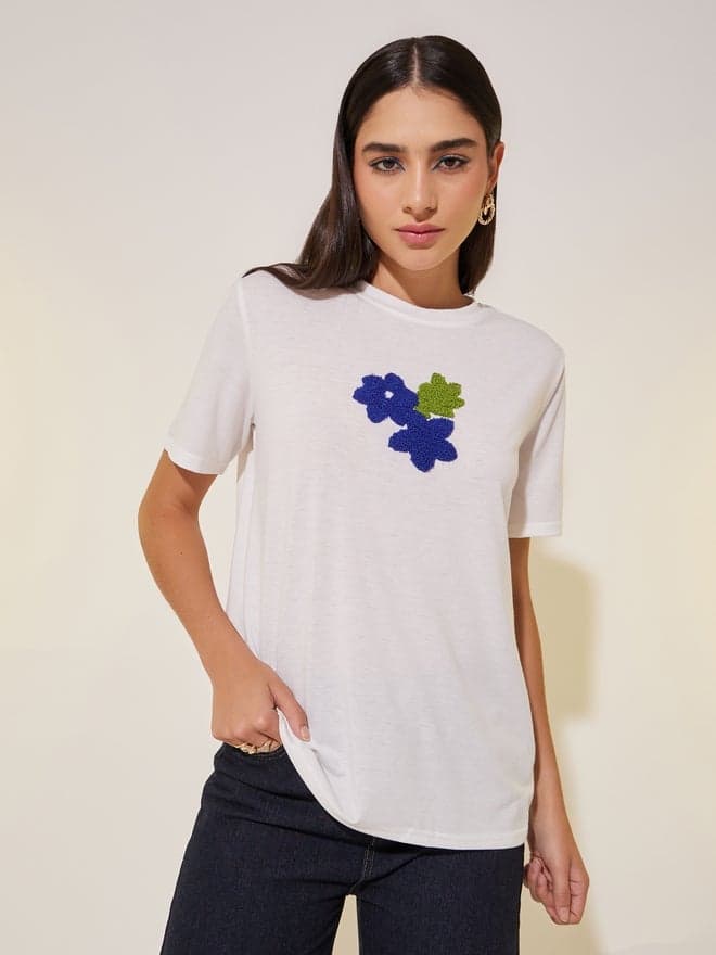 Front Floral Embroidery Detail T-Shirt - Image 1