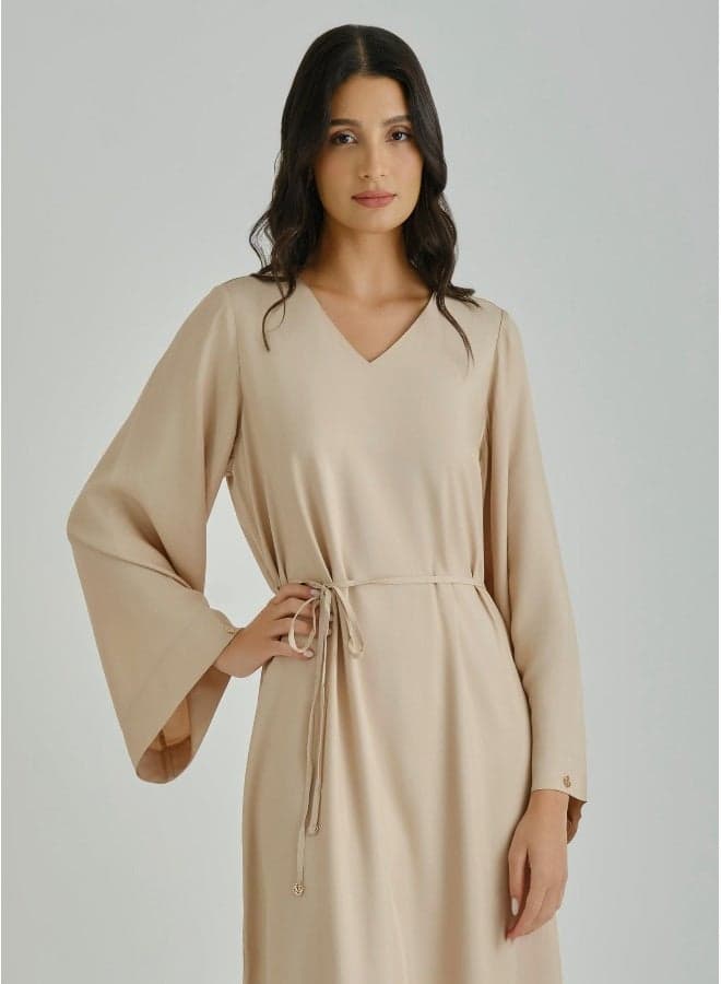 Beige V-Neck Maxi Dress with Bell Sleeves - Image 1