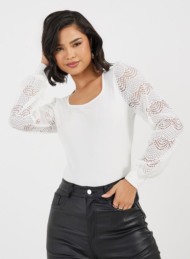 Styli Lace Insert Puff Sleeve Knit Top - Image 1
