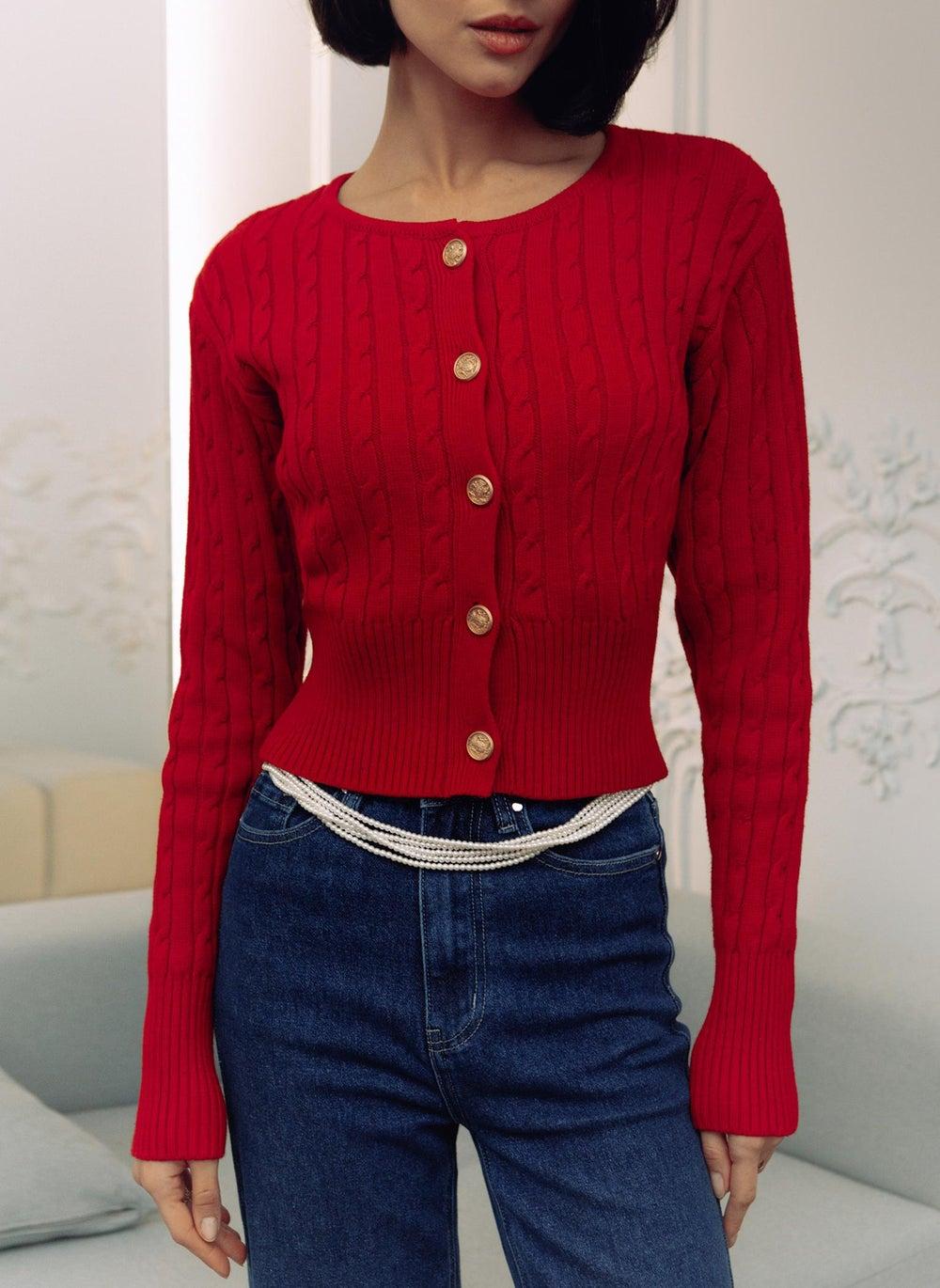 Cropped Cable-Knit Cardigan with Golden Button Fastening - Image 1