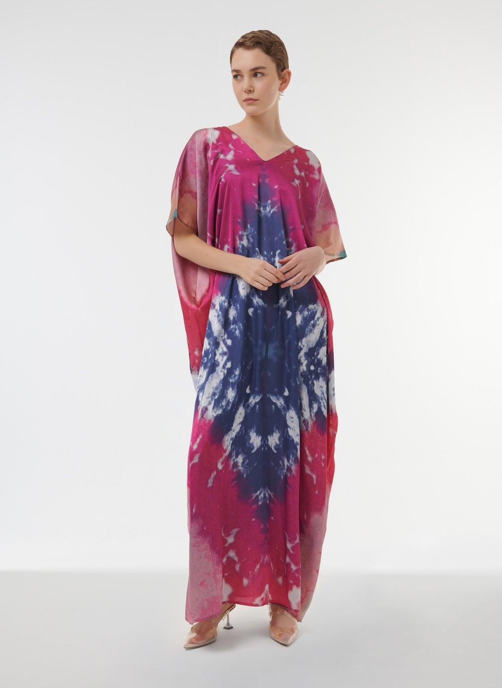 Tie-Dye Printed Kaftan with Double V-Neckline - Image 1