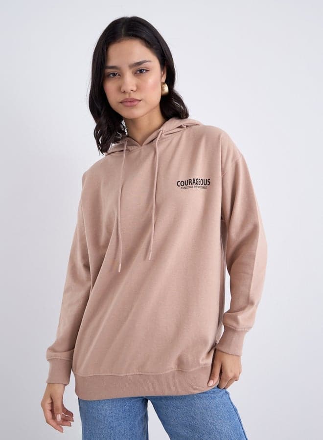 Styli Tan Slogan Print Longline Hoodie - Image 1