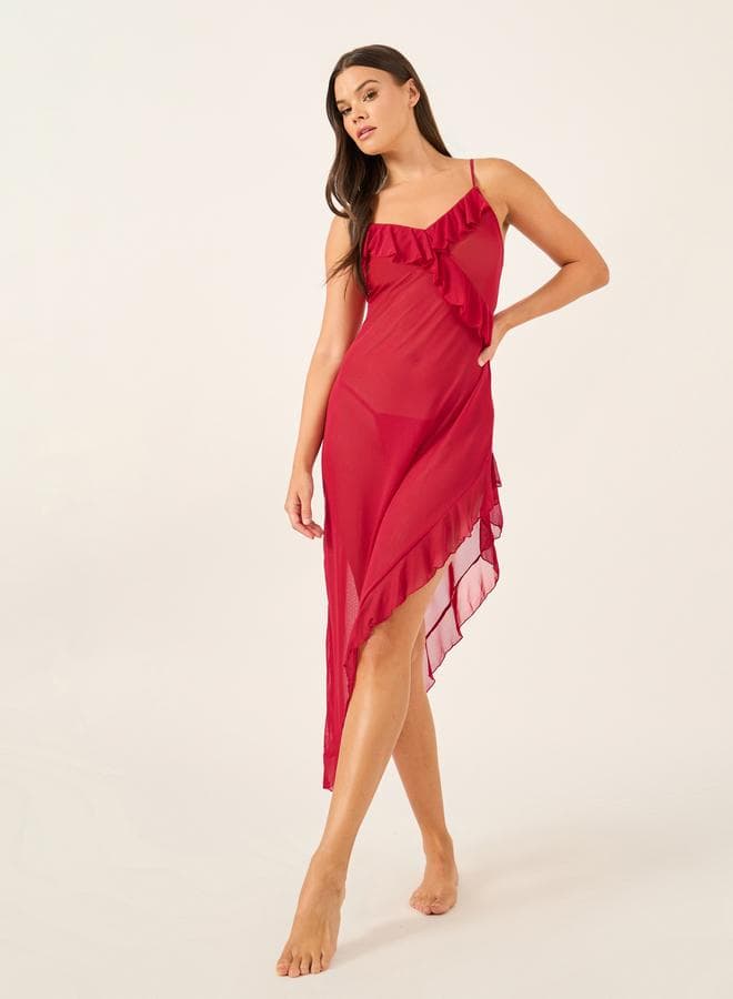Styli Ruffle Edge Mesh Side Slit Midi Slip Dress - Image 1