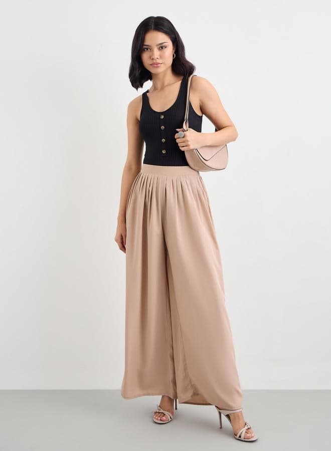 Flowy Wide Leg Pants with Half Elastic Waistband - Image 1