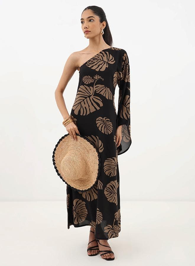Leaf Print One-Shoulder Maxi Dress - Image 1