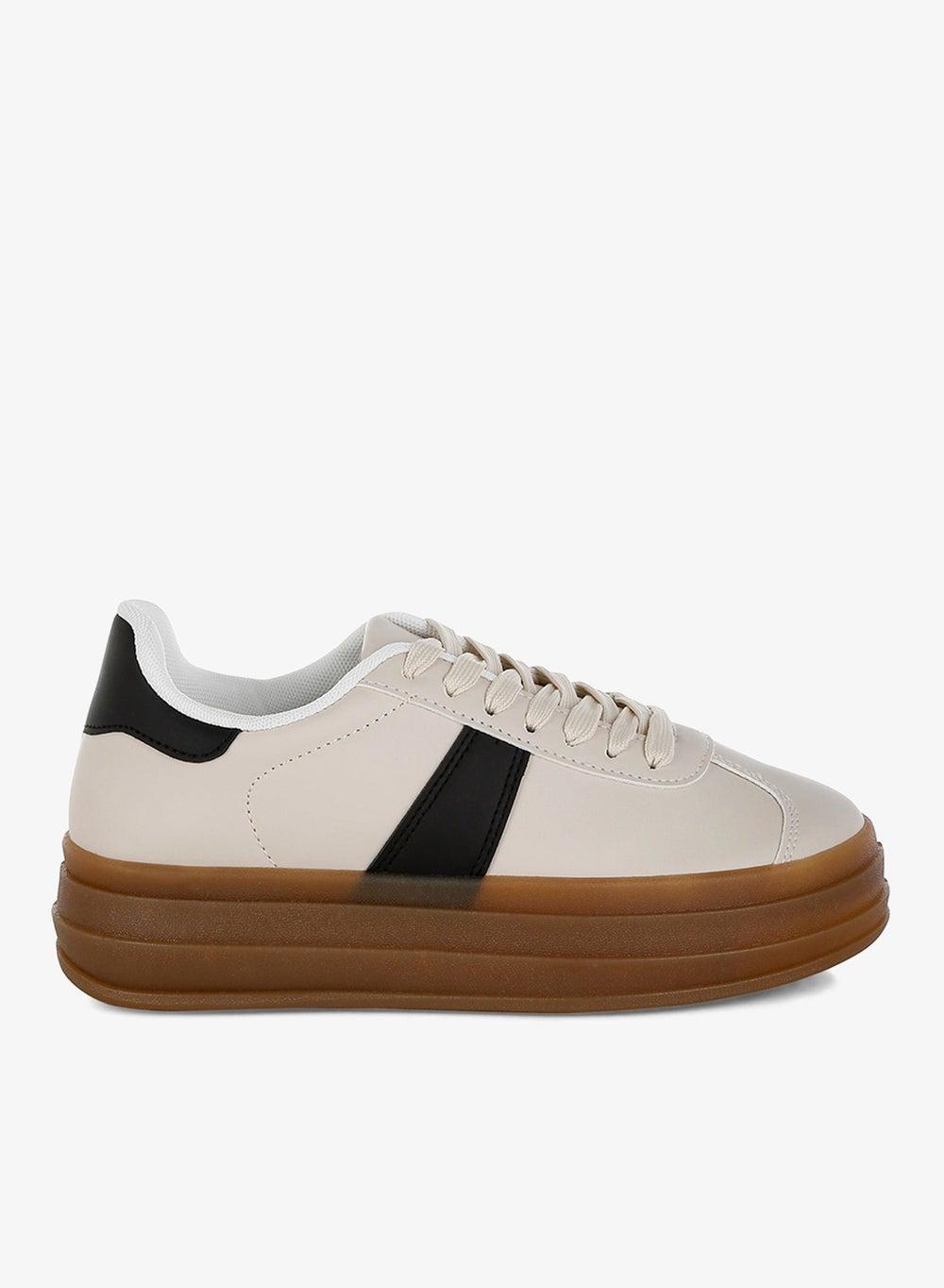 Off White Faux Leather Lace-Up Low-Top Sneakers - Image 1