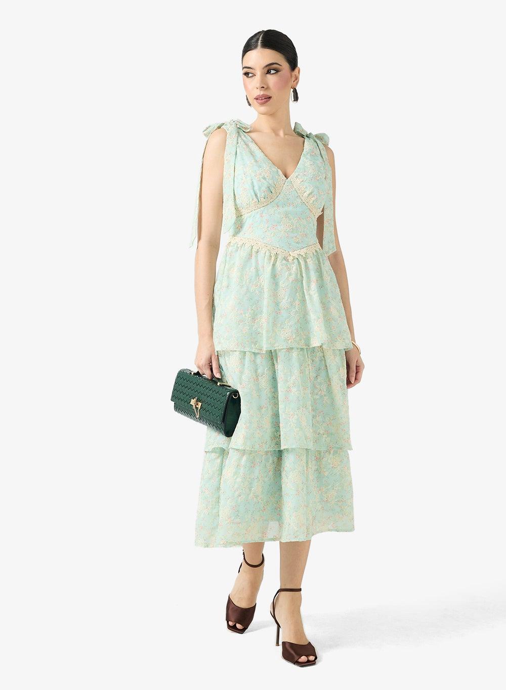 Just Me V-Neck Tiered Floral Midi Dress - Image 1
