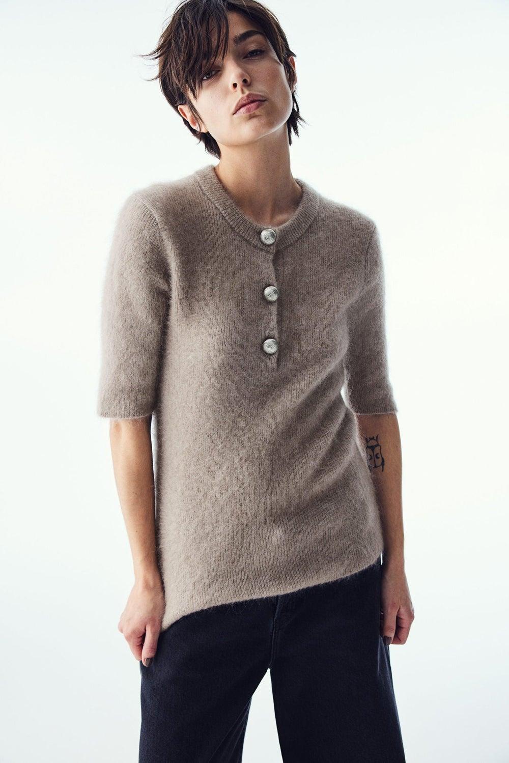 Mohair-Blend Button-Detail Fitted Sweater Top - Image 1