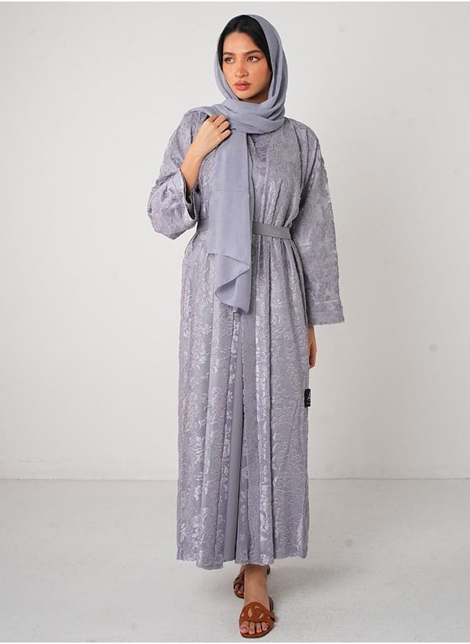Grey Full Lace Open Abaya 3 Piece Set - Image 1