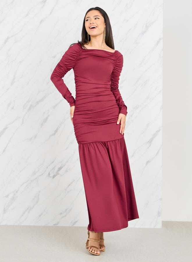 Styli Ruched Wide Square Neck Burgundy Maxi Dress - Image 1
