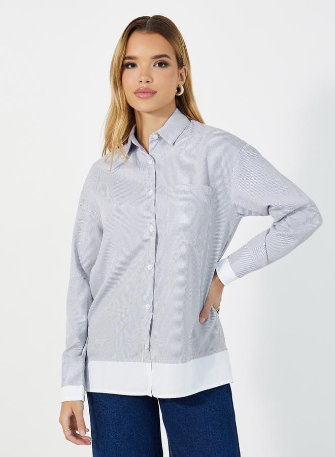 Striped Collared Shirt with Contrast Hem Detail - Image 1