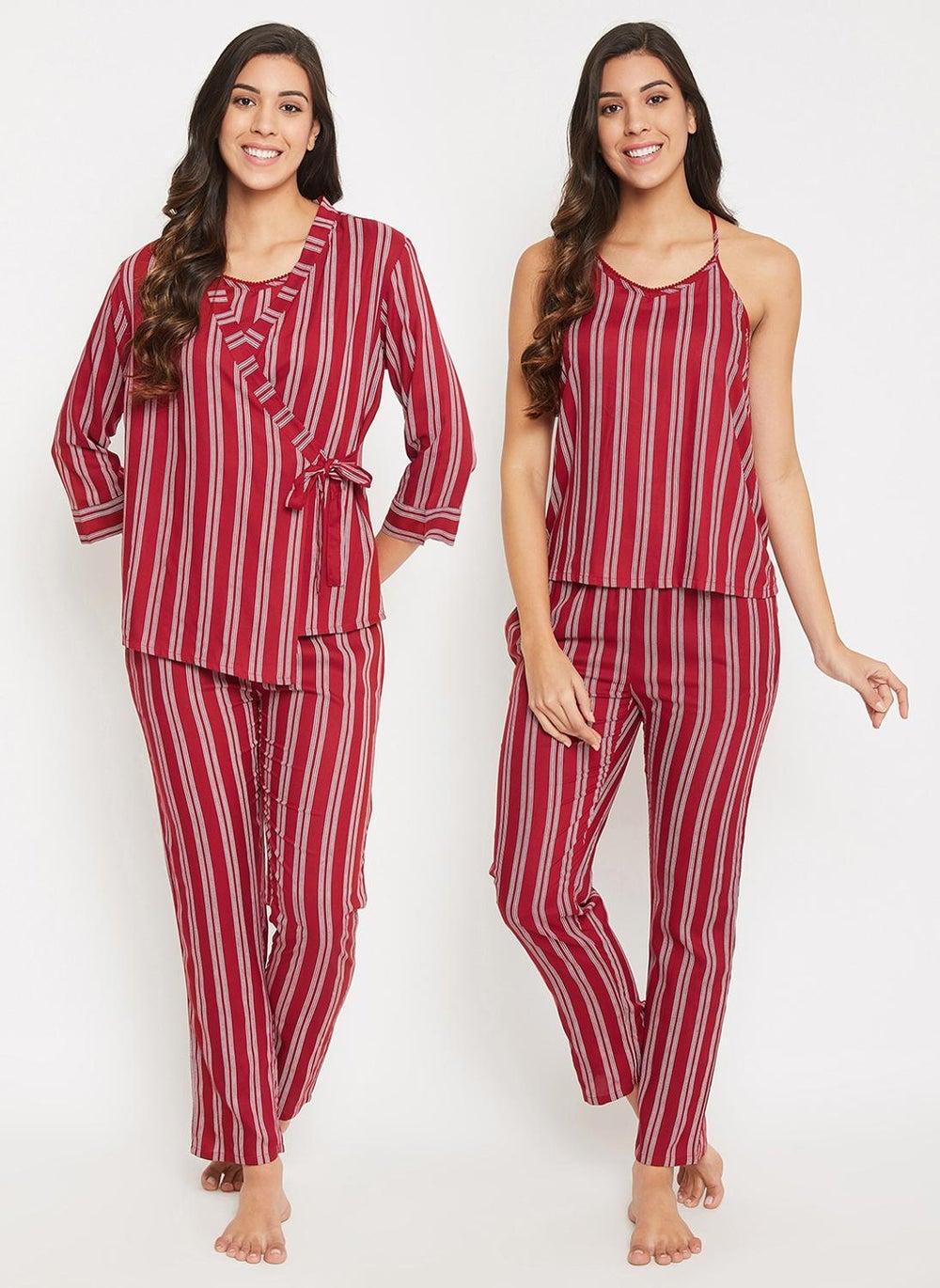 Clovia Sassy Stripes 3 Piece Maroon Rayon Set - Image 1
