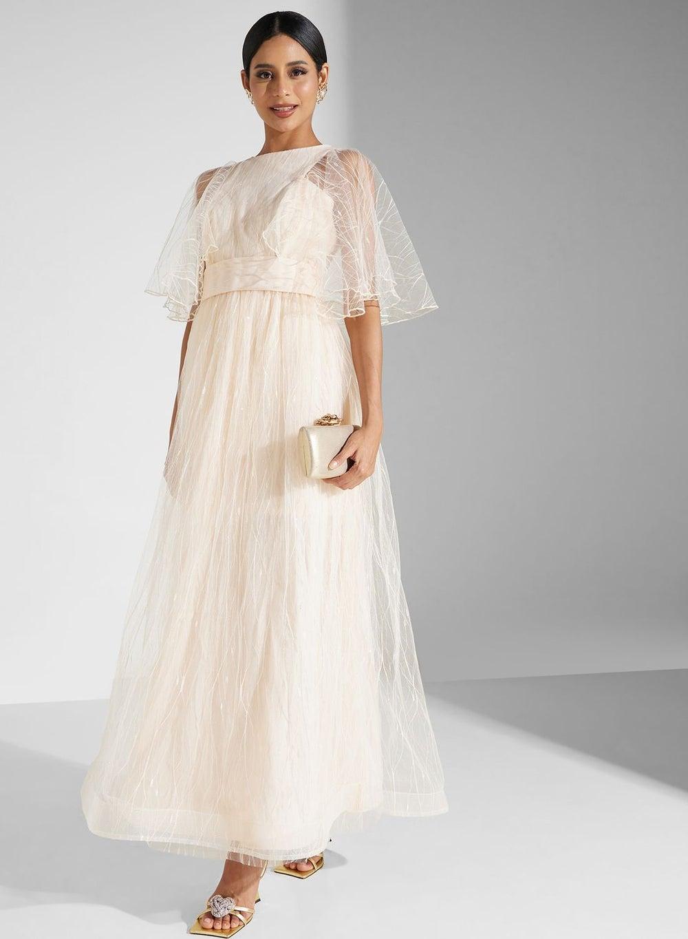 Beige Tulle Overlay Maxi Dress with Cape - Image 1