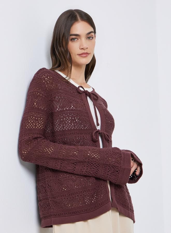 Brown Crochet Knit Tie-Front Top - Image 1