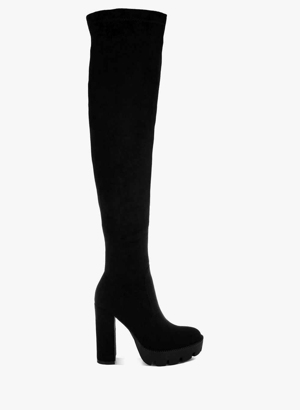 Black Faux Suede Knee High Boots with Block Heel - Image 1