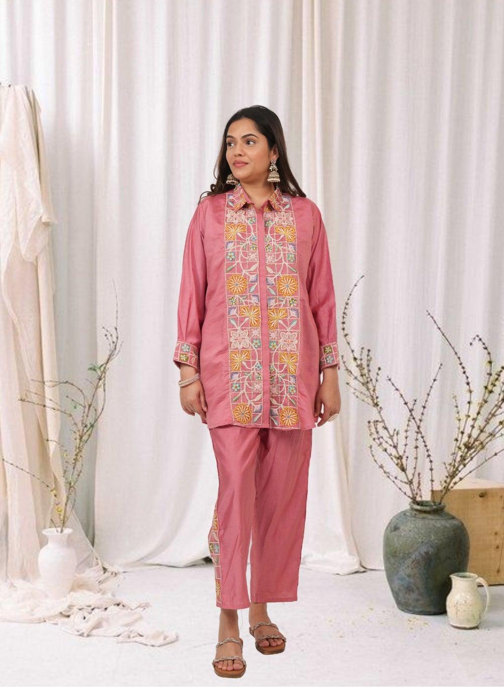 Pink Embroidered Kurta Pant Co-Ord Set - Image 1
