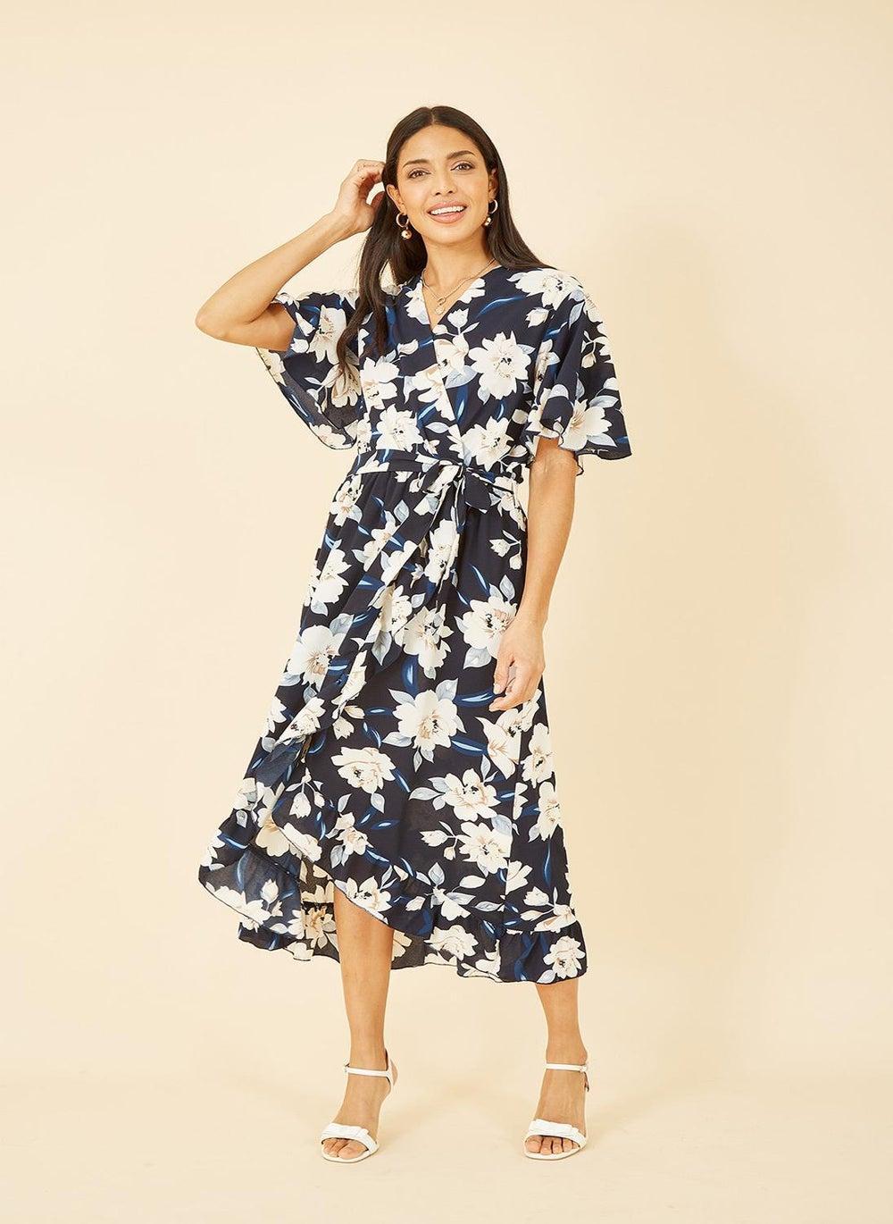 Floral Print Wrap Midi Dress with Tie Waist - Image 1