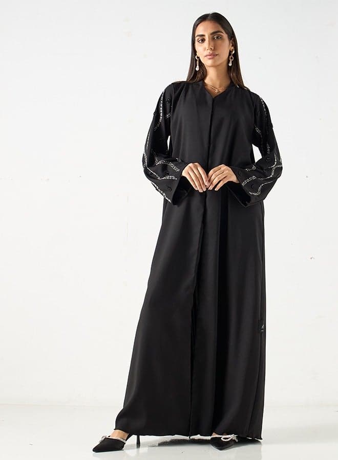 Jet Black Abaya with Silver Embellished Sleeves - Image 1
