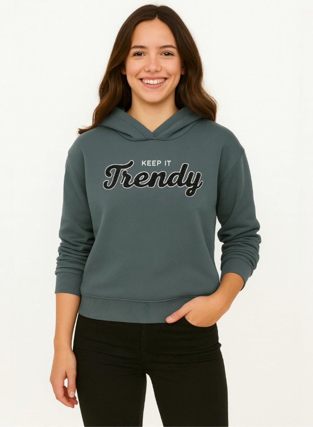 Keep It Trendy Ladies Graphic Hoodie in Teal Blue - Image 1