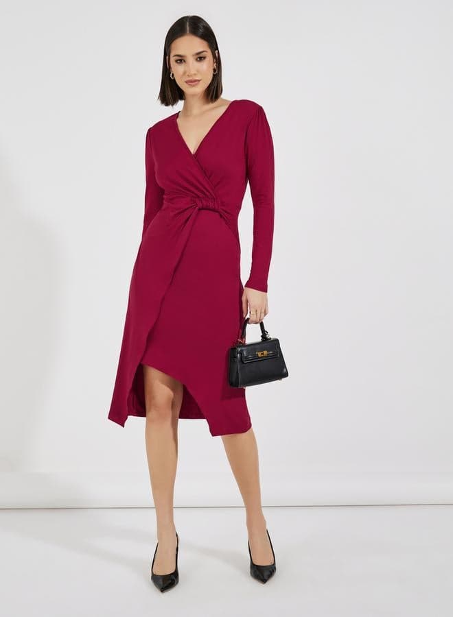 Burgundy Knot Front Midi Dress - Image 1
